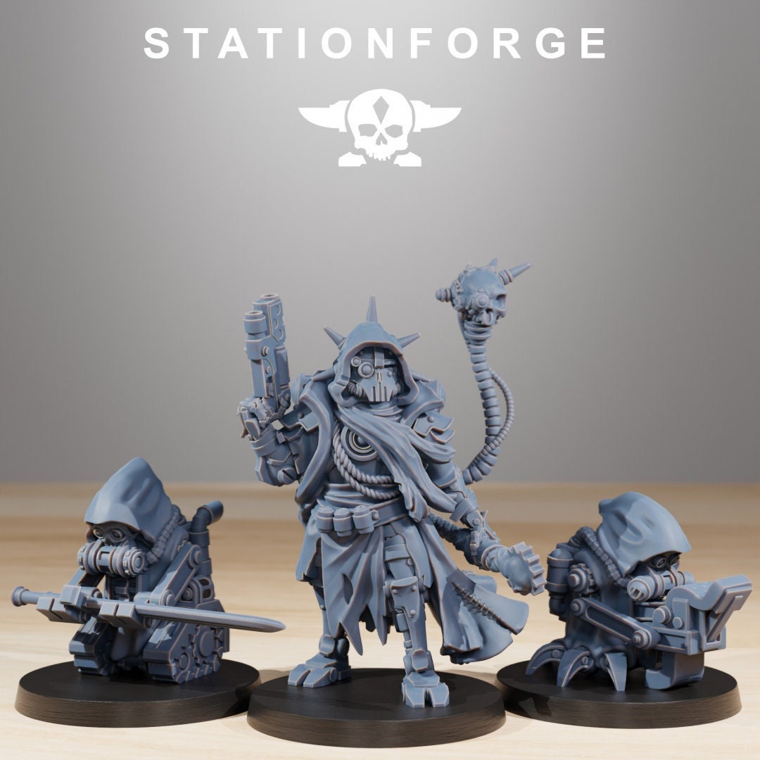 Scavenger Leader + 2 Minions - | Cyberpunk Scavenger Ranger Cultist Priest Leader Machine | 8k High Detail Resin Print by Station Forge