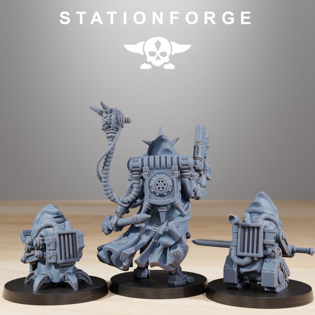 Scavenger Leader + 2 Minions - | Cyberpunk Scavenger Ranger Cultist Priest Leader Machine | 8k High Detail Resin Print by Station Forge