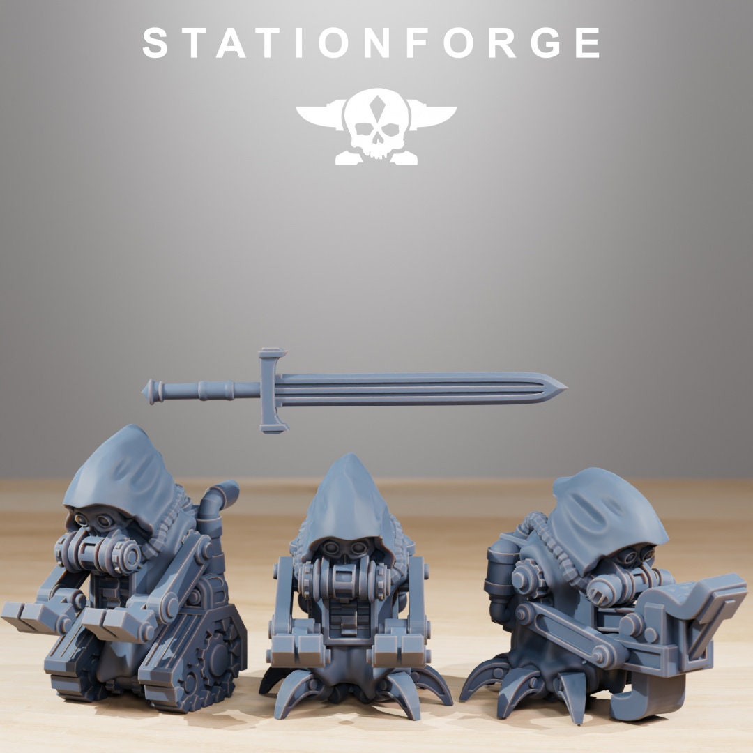 Scavenger Leader + 2 Minions - | Cyberpunk Scavenger Ranger Cultist Priest Leader Machine | 8k High Detail Resin Print by Station Forge