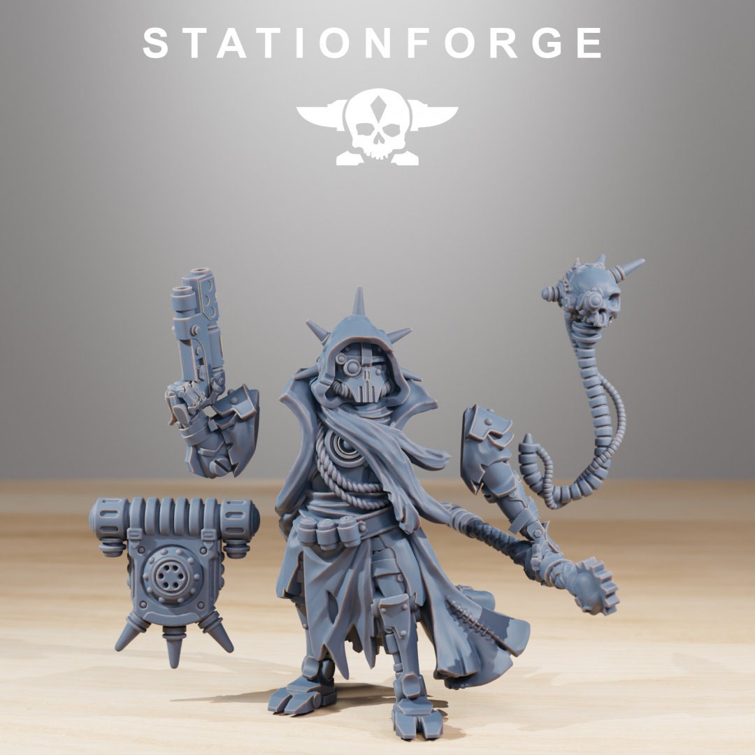 Scavenger Leader + 2 Minions - | Cyberpunk Scavenger Ranger Cultist Priest Leader Machine | 8k High Detail Resin Print by Station Forge