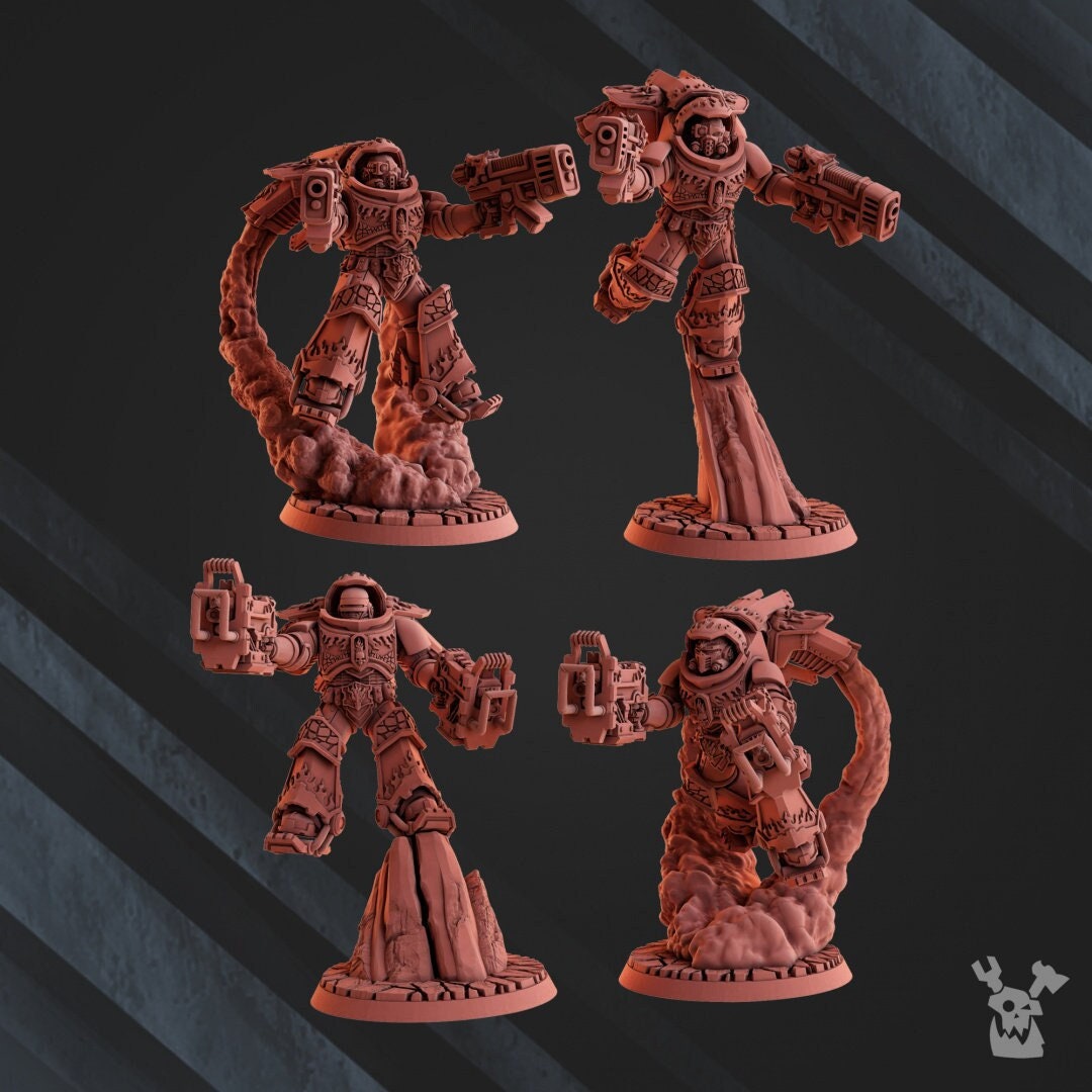 Salamanders Jetpack Squad (Set of 4) 12K UHD by DakkaDakka Miniatures | Grimdark Future | Fire Lizard | Space Warriors | Marine Knights